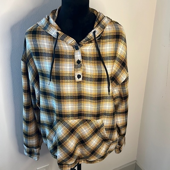 Urban Outfitters mustard black Alex plaid flannel hoodie long sleeves top - Picture 3 of 13